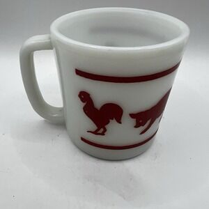 Vtg Hazel Atlas Farm Animal Mug Cup Red White Milk Glass 3x3"